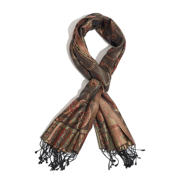 100% Superfine Silk Paisley Pattern Chocolate Colour Jacquard Jamawar Scarf with Fringes (Size 175x70 Cm) (Weight 125 - 140 Grams)