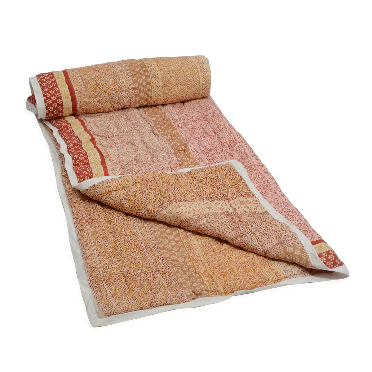 100% Cotton Hand Block Printed Chocolate and Multi Colour Quillow (Size 150x110 Cm)