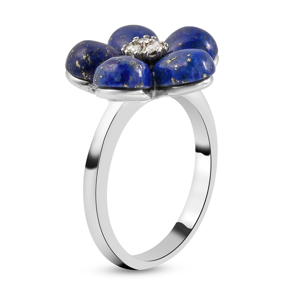 Lapis Lazuli and White Austrian Crystal Floral Ring in Stainless Steel
