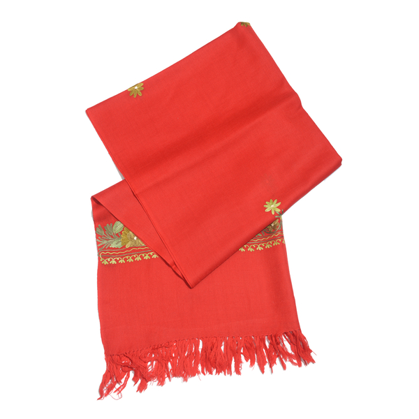 One Time Deal-100% Merino Wool Red Shawl with Cashmere Embroidery (Size 180X70 Cm)
