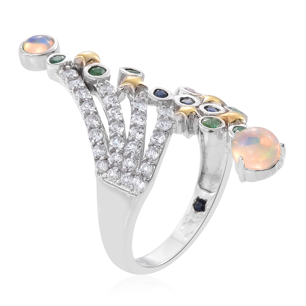GP Ethiopian Welo Opal (Rnd 0.55 Ct), Ruby, Kagem Zambian Emerald and Multi Gemstone Ring in Platinum Overlay Sterling Silver 2.500 Ct.