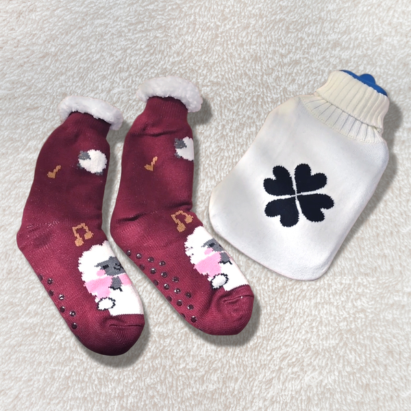 2 Piece Set - Hotwater Bottle with Jacquard Knitted Cover and Sherpa Lined Slippers Socks (Size 5-10) - Maroon & White