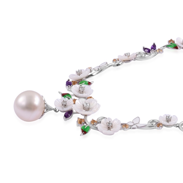 Jardin Collection- South Sea White Pearl (Rnd 13-14mm),Hand Carved White Mother of Pearl, and Multi Gemstone Necklace (Size 17 with 3 inch Extender) in Rhodium Plated Sterling Silver 35.700 Ct.