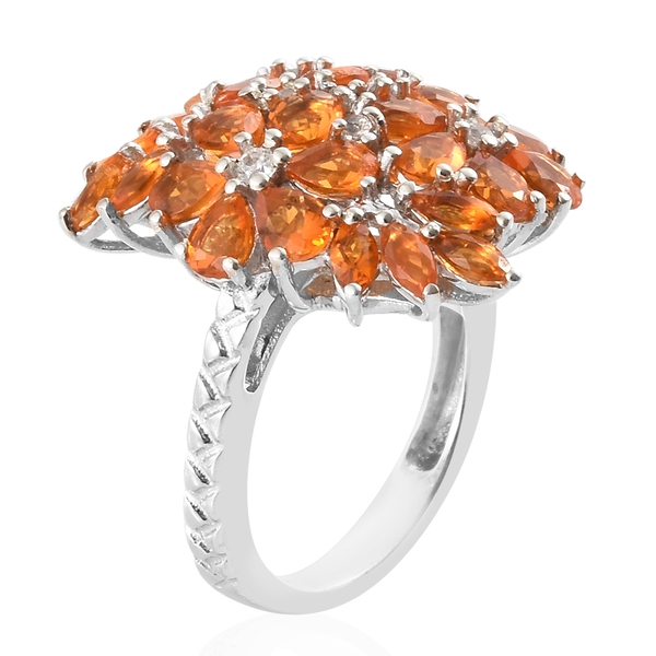 Jalisco Fire Opal (Pear), Natural Cambodian Zircon Cluster Ring in Platinum Overlay Sterling Silver 2.500 Ct, Silver wt 5.00 Gms.
