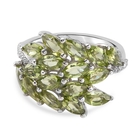 Natural Hebei Peridot and Natural Cambodian Zircon Leaves Crossover Ring (Size Q) in Platinum Overlay Sterlin