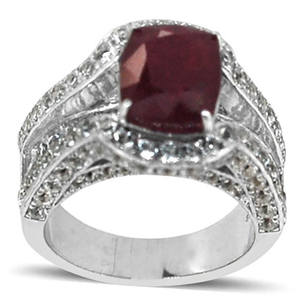 African Ruby (Cush 8.50 Ct), White Topaz Ring in Rhodium Plated Sterling Silver 14.100 Ct.