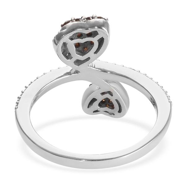 GP Red and White Diamond (Rnd), Blue Sapphire Heart Bypass Ring in Platinum Overlay Sterling Silver 0.53 Ct.