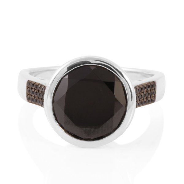 Boi Ploi Black Spinel (Rnd 7.25 Ct) Ring in Rhodium Plated Sterling Silver 7.500 Ct.