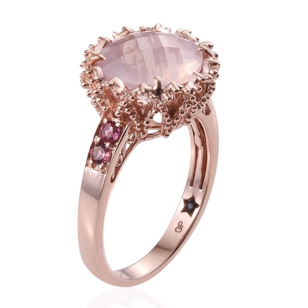 GP Rose Quartz (Rnd 6.15 Ct), Pink Tourmaline and Kanchanaburi Blue Sapphire Ring in Rose Gold Overlay Sterling Silver 6.500 Ct.