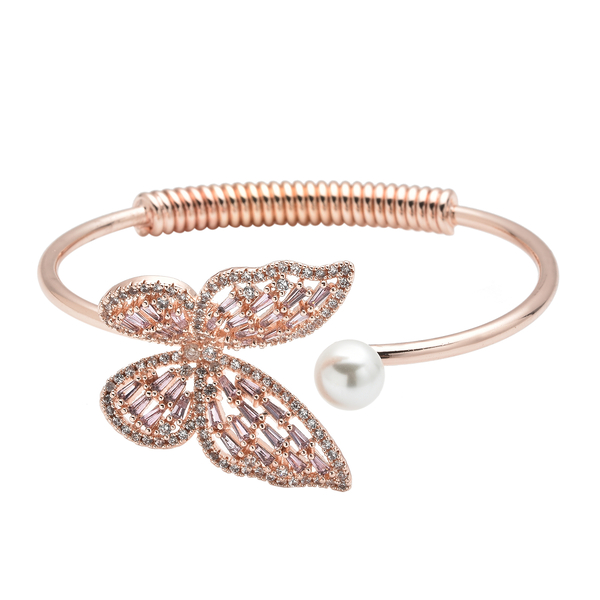 White Shell Pearl, Simulated Pink Sapphire and Simulated Diamond Butterfly Bangle (Size 7) in Rose Gold Tone