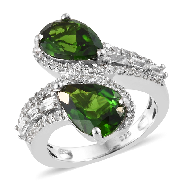 4.75 Ct  Diopside and Natural Cambodian Zircon By Pass Ring in Sterling Silver