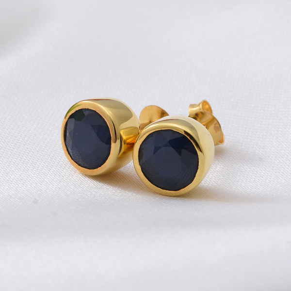 Kanchanaburi Blue Sapphire (Rnd) Stud Earrings (with Push Back) in Yellow Gold Overlay Sterling Silver 3.10 Ct.