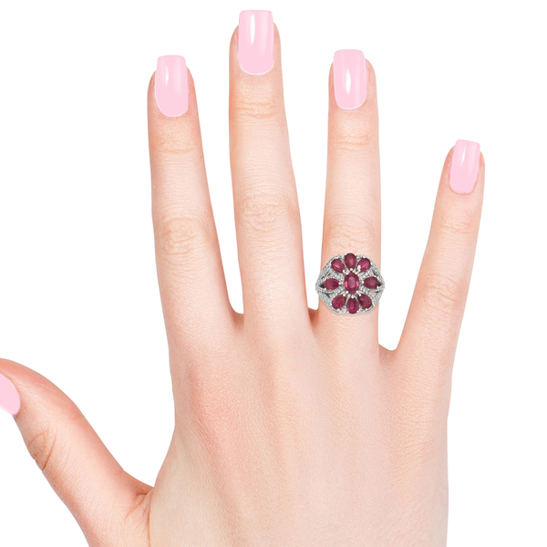 African Ruby (Ovl), Natural Cambodian Zircon Floral Ring in Platinum Overlay Sterling Silver 7.000 Ct., Silver wt 5.74 Gms.