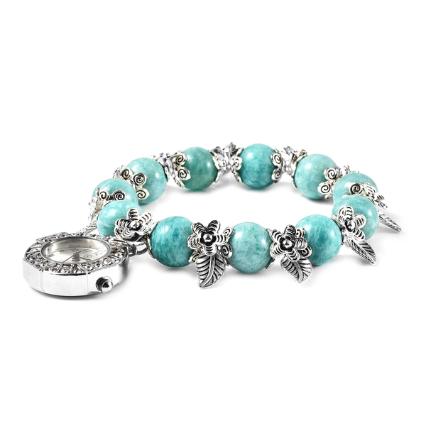 STRADA Japanese Movement White Austrian Crystal Studded Amazonite Beads Stretchable Bracelet (6.5-7) Water Resistant Floral & Leaf Charm Watch in Silver Tone