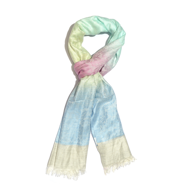 Turquoise, Pink and Multi Colour Floral Pattern Reversible Scarf with Fringes (Size 180X70 Cm)