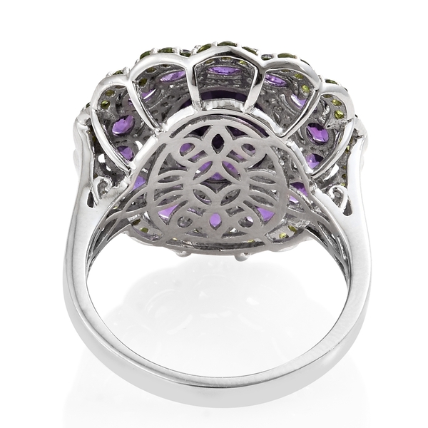 Lusaka Amethyst (Ovl 5.00 Ct), Chrome Diopside and Natural Cambodian Zircon Flower Ring in Platinum Overlay Sterling Silver 7.750 Ct. Silver wt 7.08 Gms.