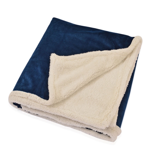 Superfine Microfibre Flannel reversible Sherpa Blanket Navy Blue and Cream Colour (Size 200x150 Cm)