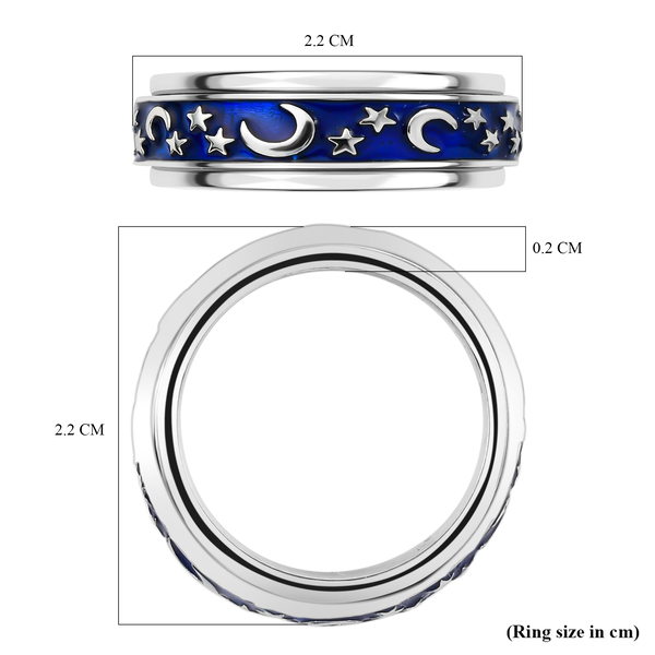 Platinum Overlay Enamelled Sterling Silver Moon & Star Spinner Ring, Silver Wt. 5.90 Gms