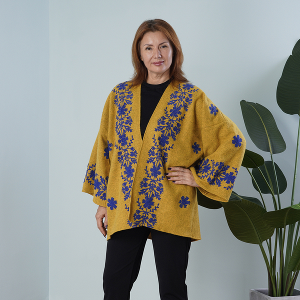 TAMSY Floral Embroidery Long Sleeves Kimono - Yellow & Dark Blue
