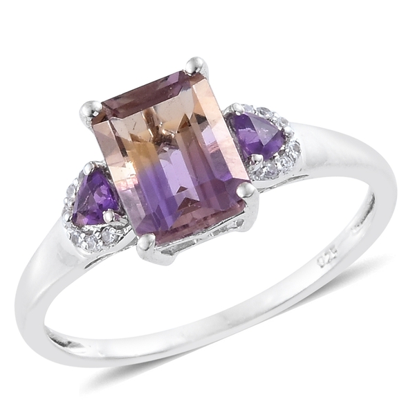 Anahi Ametrine (Oct 2.20 Ct), Amethyst and Natural Cambodian Zircon Ring in Platinum Overlay Sterlin