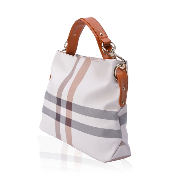 Cream Colour Checks Pattern White Colour Handbag (Size 43x32.5x12 Cm)