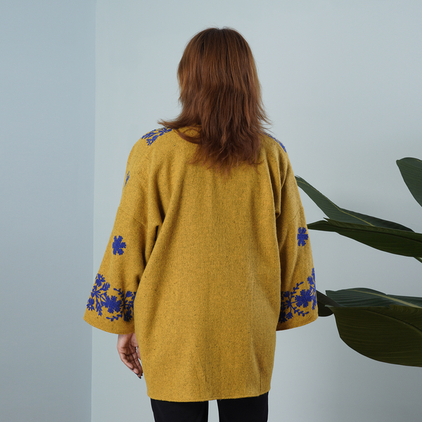 TAMSY Floral Embroidery Long Sleeves Kimono - Yellow & Dark Blue