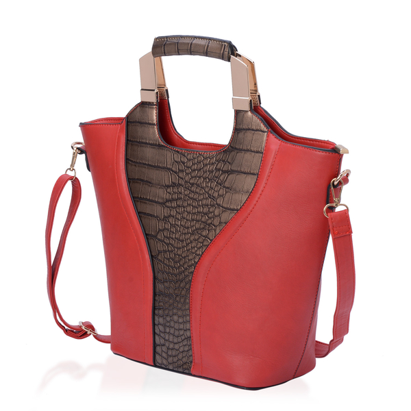 Red and Chocolate Colour Croc Embossed Tote Bag with External Zipper Pocket and Adjustable and Removable Shoulder Strap (Size 43.5x13.5x27 Cm)