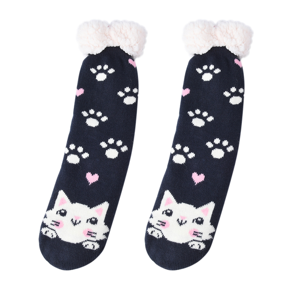 A pair animal Cabin Socks with fleece lining  Cat Material Acrylic polyester Fleece Lining  color deep blue  white + pink 