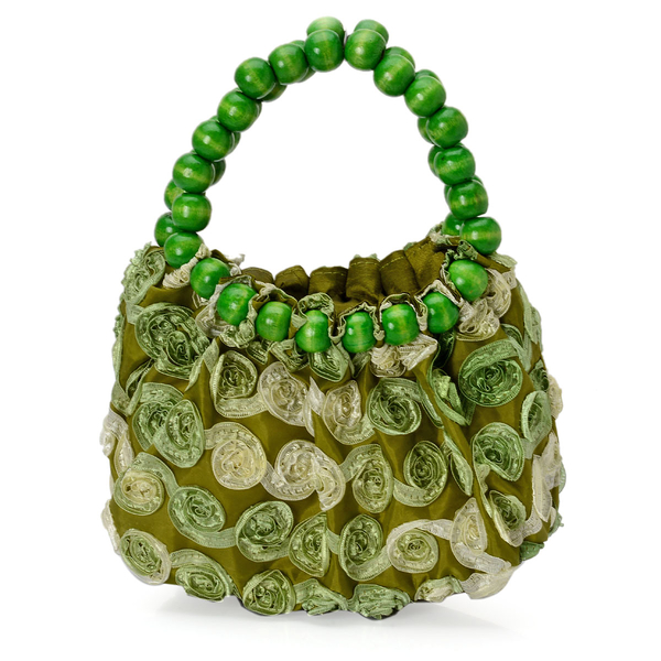 Green Ribbon Work Fancy Tote Bag with Beads Handle (Size 18x7x18 Cm)