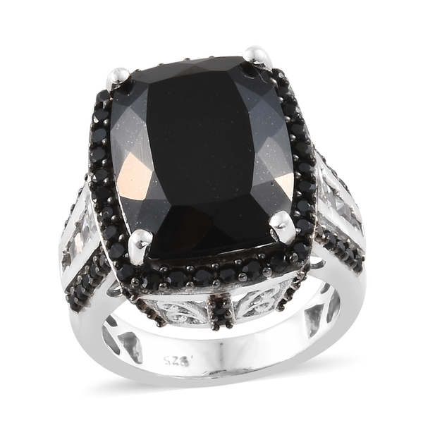 13 Carat Black Tourmaline Halo Ring in Platinum and Black Plated Silver