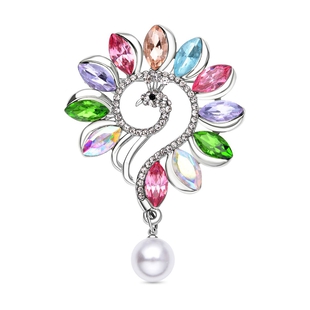 Simulated Pink Sapphire, Simulated Pearl, White and Black Austrian Crystal Brooch in Silver Tone