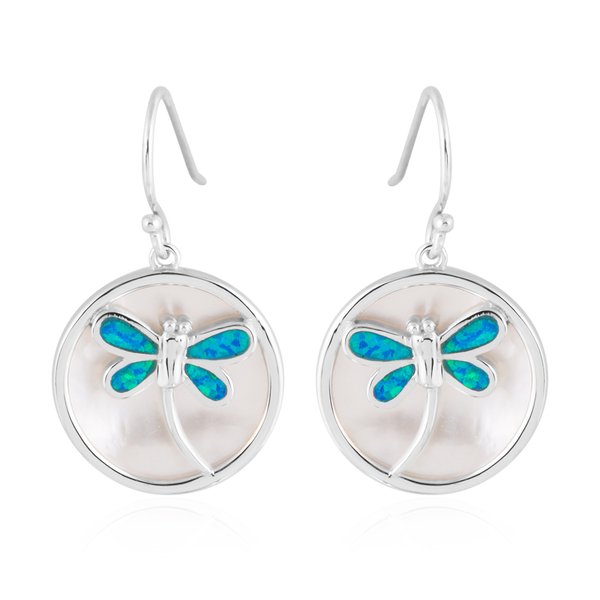 New Concept - Simulated Blue Opal and Mother of Pearl Dragonfly Earrings (with Hook) in Sterling Sil