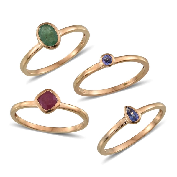 Set of 4 - African Ruby (Cush 1.00 Ct), Kagem Zambian Emerald and Tanzanite Solitaire Ring in 14K Go