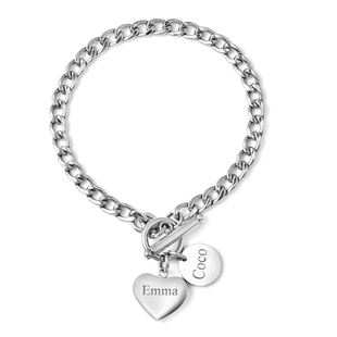 Personalised Engravable Heart & Disc Curb Chain Bracelet in Stainless Steel, Size 7.5"