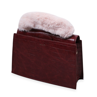 Inyati Olivia Croco Handbag with Removable Faux Fur Handle - Burgundy