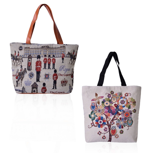 Set of 2 - Multi Colour Tree, Owl Pattern and Crown, Soldiers Pattern Beige Colour Handbag (Size 45x