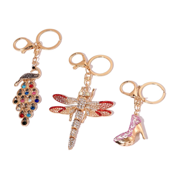 Set of 3 - White, Purple, Red and Multi Colour Austrian Crystal Dragon Fly, High Heel and Peacock En