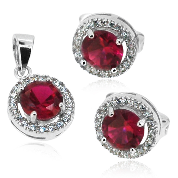 ELANZA AAA Simulated Ruby (Rnd), Simulated Diamond Earrings (with Clasp) and Pendant in Rhodium Plat