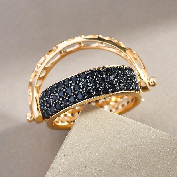GP - Black Spinel, Blue Sapphire and Natural Cambodian Zircon Ring in Vermeil Yellow Gold Overlay Sterling Silver 1.77 Ct.