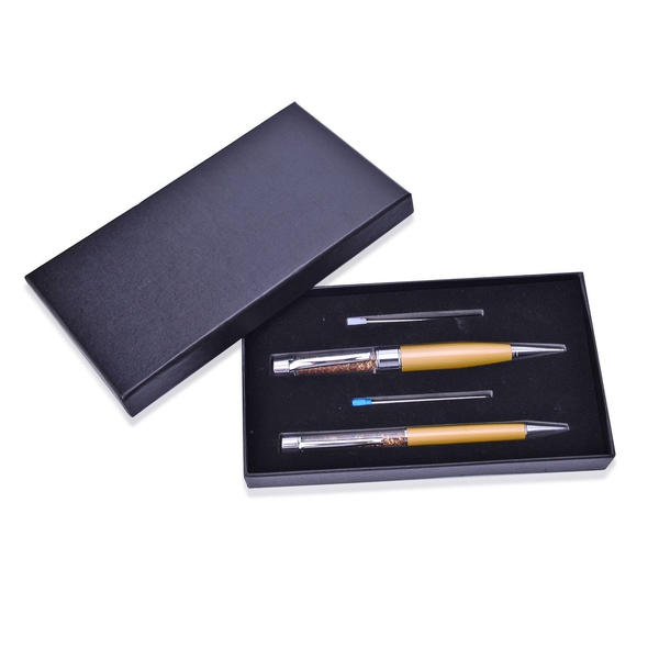 Set of 2 - Golden Crystals filled Golden Colour Pen (Black Ink), 1 Pen with 16GB USB and 2 Extra Refills (Blue Ink) in a Box
