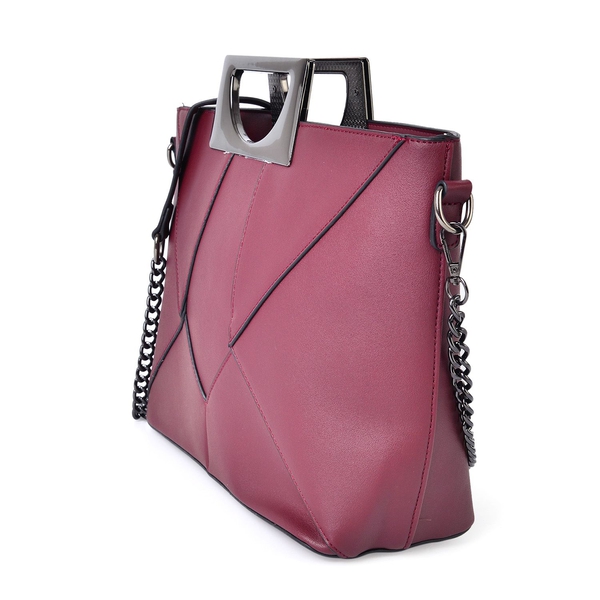 Classice Burgundy Colour Tote Bag with Metallic Handles and Removable Chain Strap (Size 37X30X23X13 Cm)
