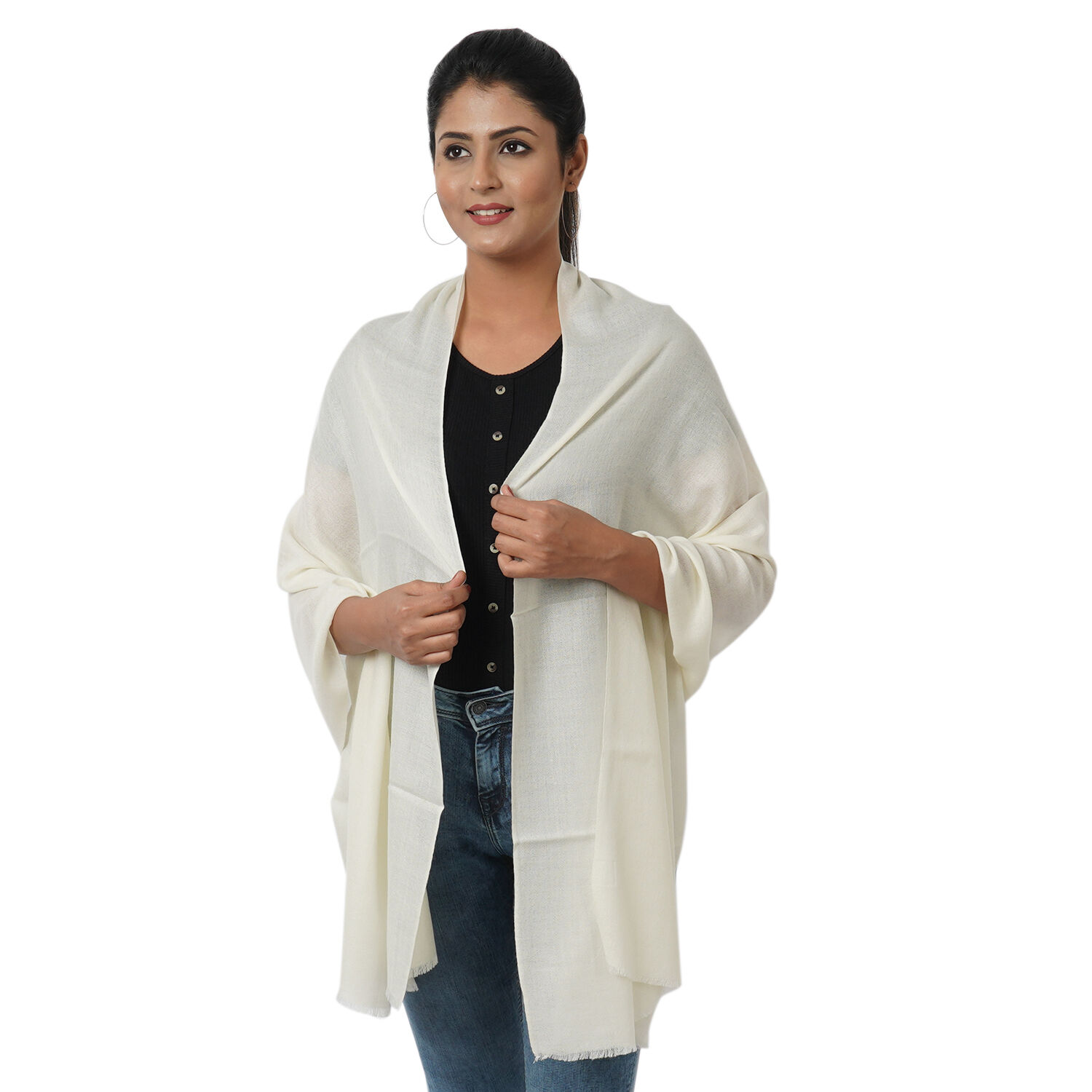 100% Cashmere Wool White Colour Scarf (Size 190x70Cm)