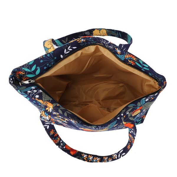 2 Piece Set - Viscose Handbag Floral Matching Stripe Pattern Hat Tote Bag and Zipper Closure (Size:44x12x35Cm) - Navy & Multi