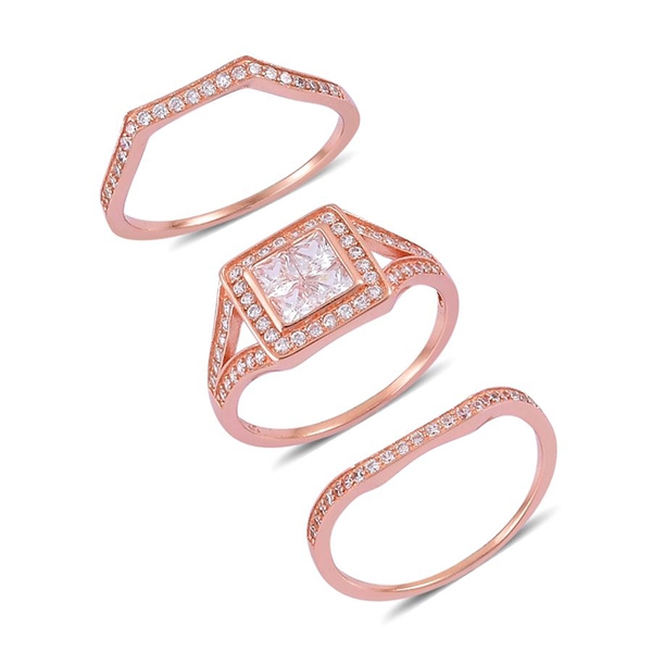 AAA Simulated White Diamond 3 Ring Set in Rose Gold Overlay Sterling Silver