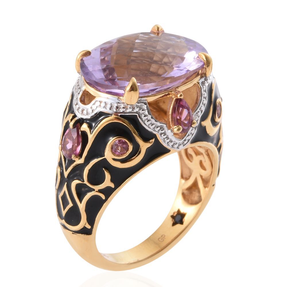 GP Rose De France Amethyst (Ovl 10.50 Ct), Rhodolite Garnet and Kanchanaburi Blue Sapphire Filigree Enameled Ring in 14K Gold Overlay Sterling Silver 11.750 Ct.