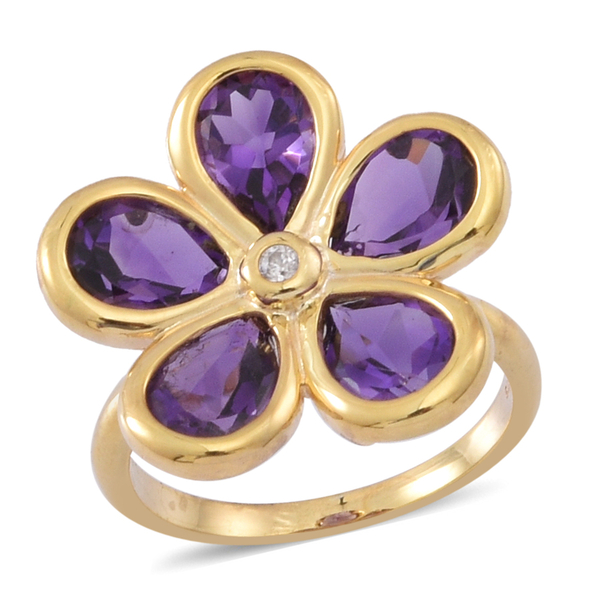 6.50 Ct Natural Uruguay Amethyst and Natural White Zircon Floral Ring in 14K Gold Plated Silver
