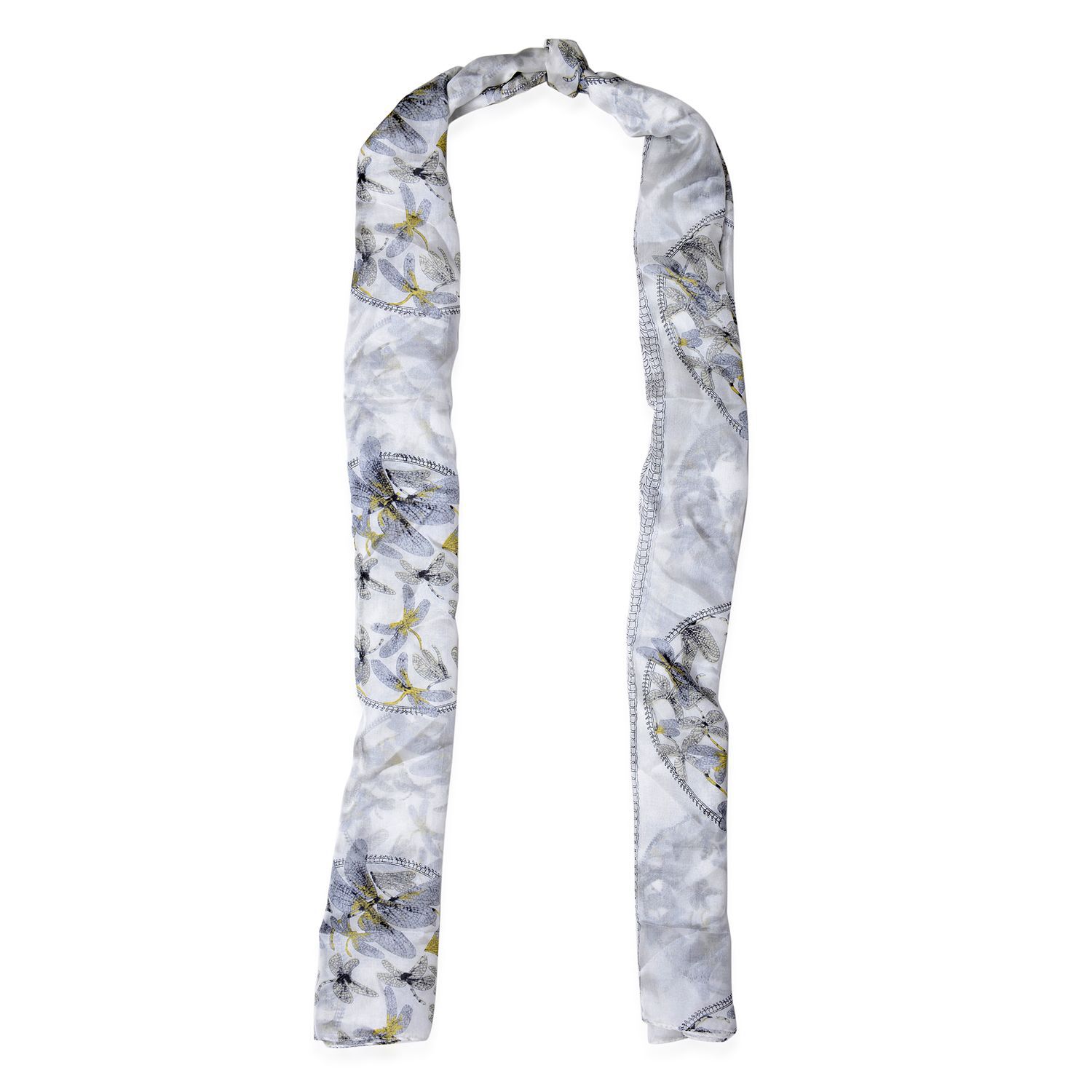 100% Silk Dragonfly Pattern White Colour Scarf (Size 190x110 Cm)