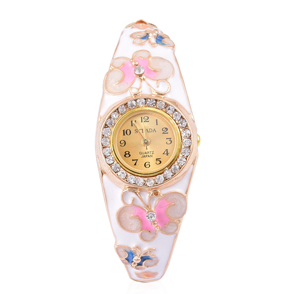 STRADA Japanese Sunshine Dial Butterfly Design White, Pink and Blue Enameled Bangle Watch in Yellow 