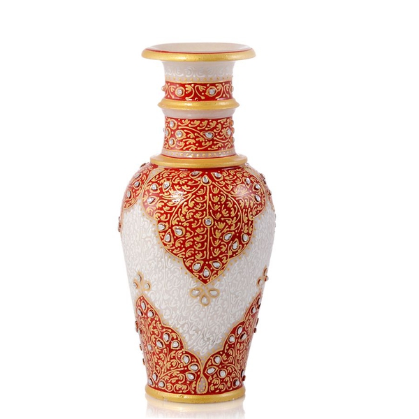 Home Decor - Hand Crafted Crystal Studded and Red Enamelled Marble Vase (Size 6)