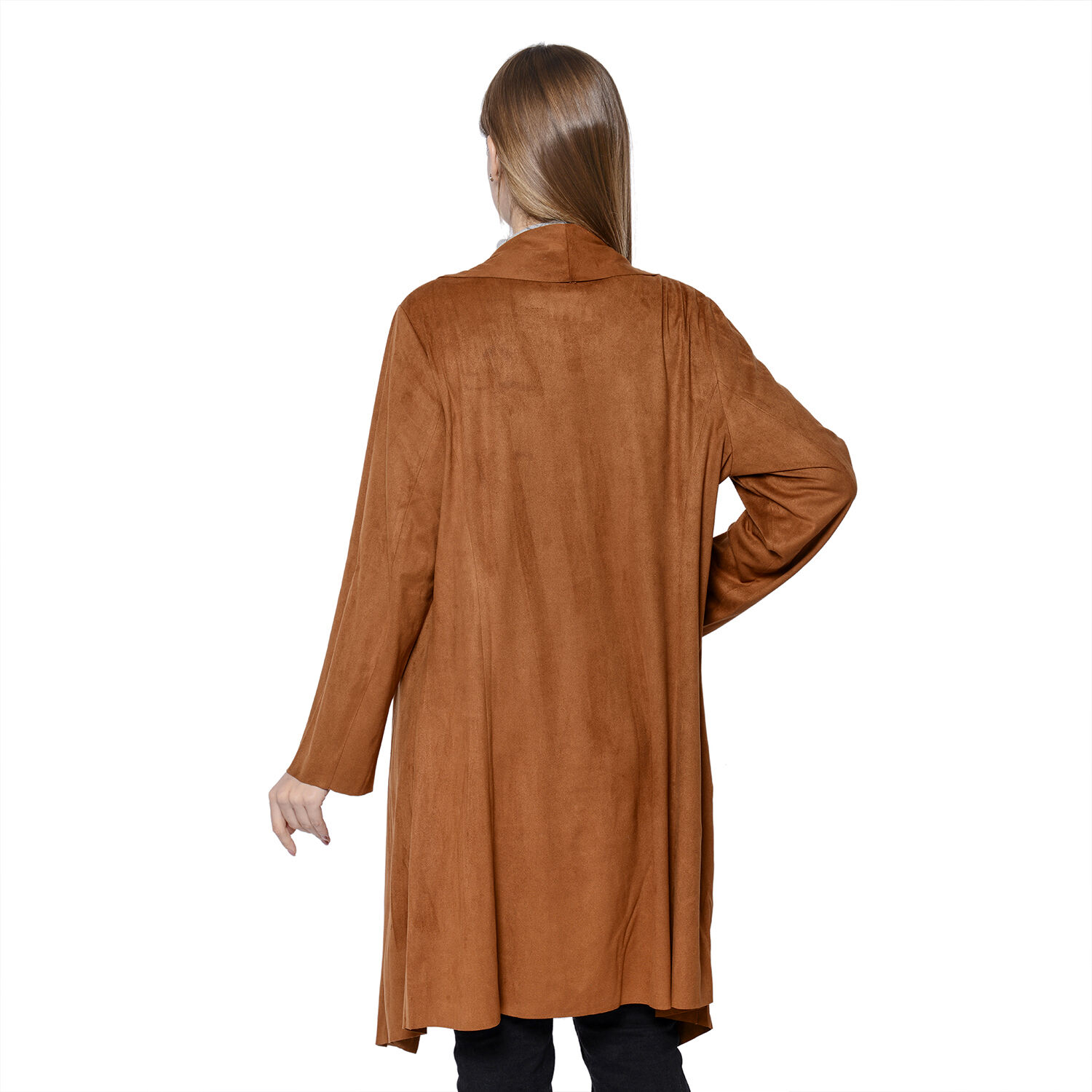 LA MAREY Super Soft Faux Suede Long Waterfall Cardigan in Tan Colour (Size XXL, 22-24)